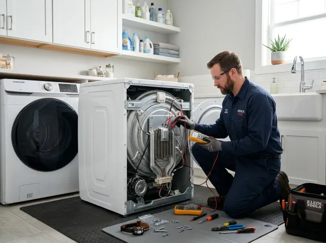 Appliance Repair Hero technician checking a dryer heating element with the rear panel off in Buena, NJ