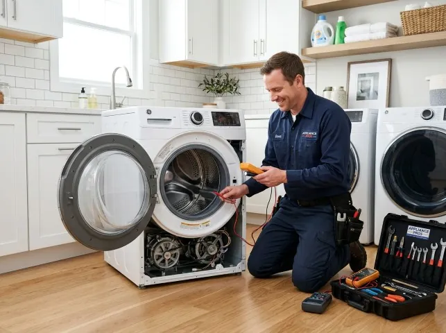 Appliance Repair Hero technician testing a front-load washer with a multimeter on a Buena, NJ service call